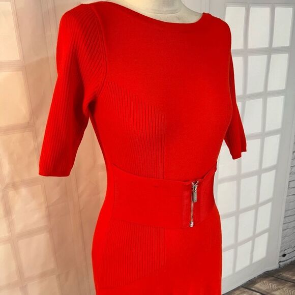 Karen Millen orange wool blend belted short sleeve knit dress size 2 - Picture 2 of 10